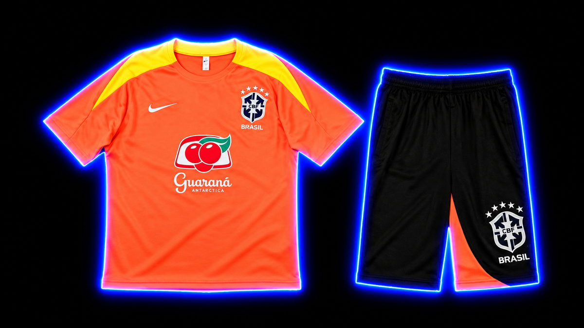 Brazil Guaraná training set — orange CBF jersey and black shorts