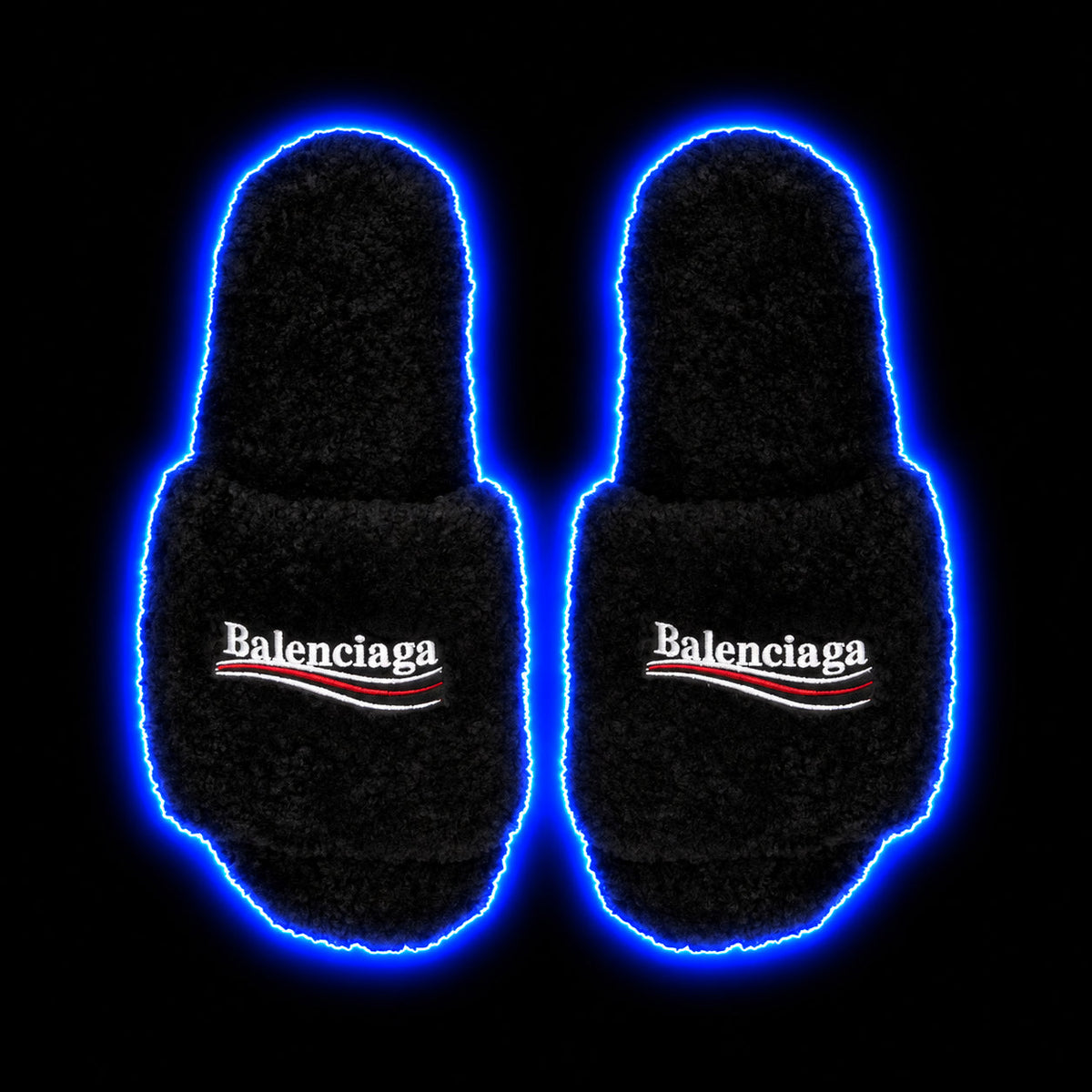 Black fluffy Balenciaga logo slides