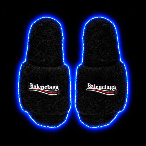Black fluffy Balenciaga logo slides